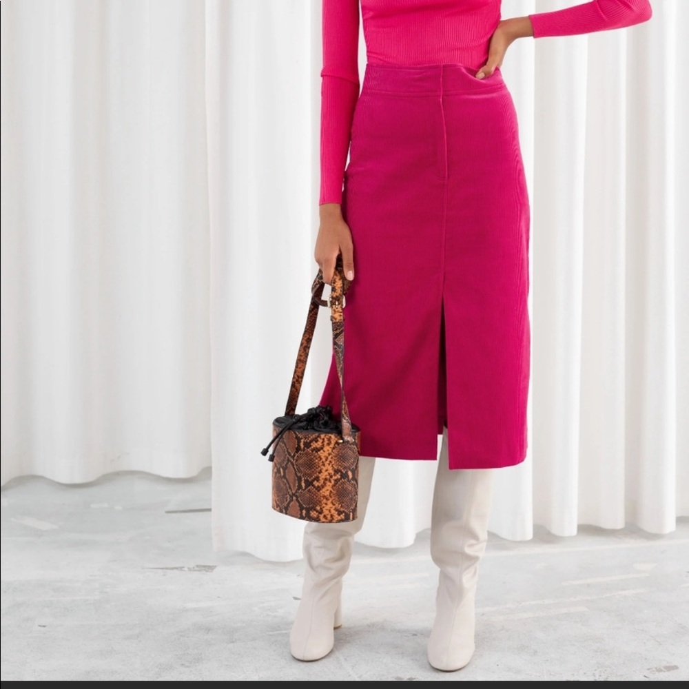 Paris Atelier & Over Stories Corduroy Front Split Midi Skirt Hot Pink 6